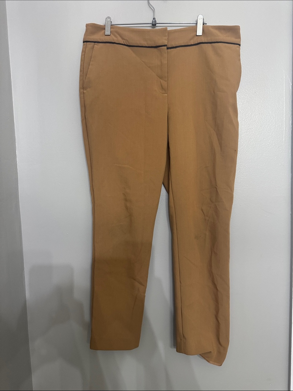 Ann Taylor Straight-Leg Pants in Camel Brown with Black Trim